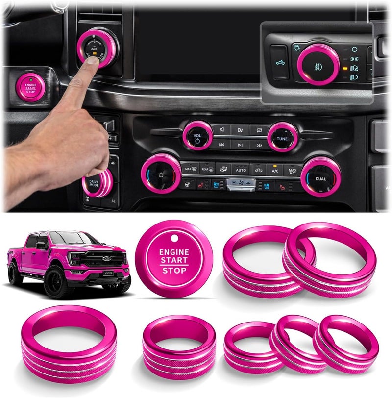 Polodunn for Ford F150 Accessories 2021-2025 2026 & Super Duty F250 F350 F450 2023-2026, 9pcs Aluminum Alloy Knob Cover Trim Set - Push Start, A/C, Volume, Headlight, Trailer & Drive Mode (Rose Red) - Image 1